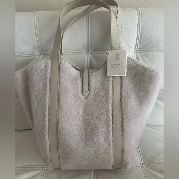 NWT 2PC Set Shopper Bad Monili Italy Wool Cashmere Fleecy Fur effect beige - Picture 11 of 12